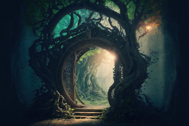 Magico portale ad arco realizzato con rami di albero Porta alla dimensione fantasy Illustrazione digitale AI