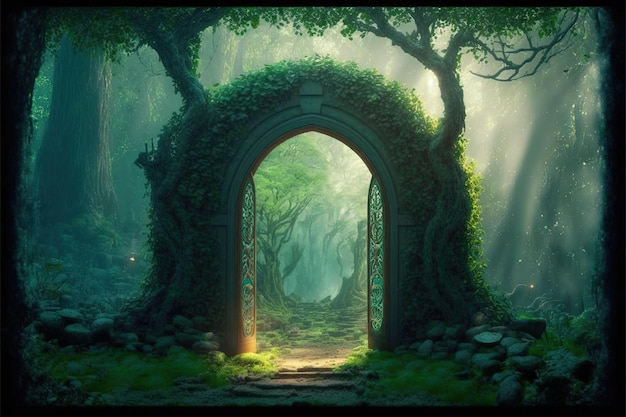 Magico portale ad arco realizzato con rami di albero Porta alla dimensione fantasy Illustrazione digitale AI