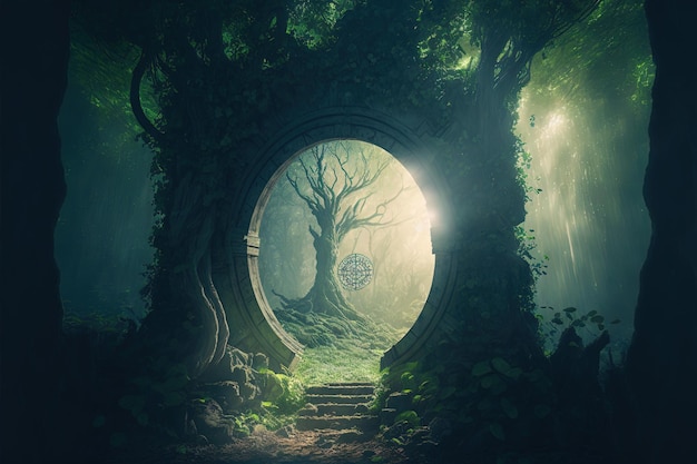 Magico portale ad arco realizzato con rami di albero Porta alla dimensione fantasy Illustrazione digitale AI