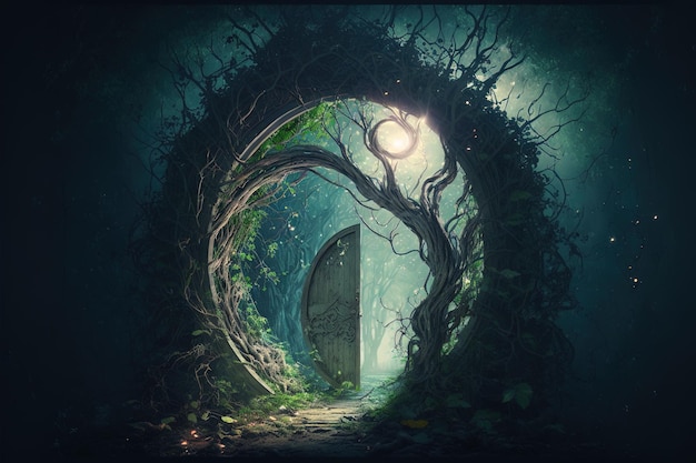 Magico portale ad arco realizzato con rami di albero Porta alla dimensione fantasy Illustrazione digitale AI