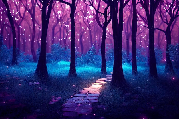 Magico sentiero nel bosco con lucciole luminose Notte magica foresta di fantasia Paesaggio forestale