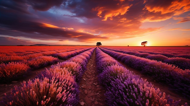 Magico tramonto su infiniti campi di lavanda