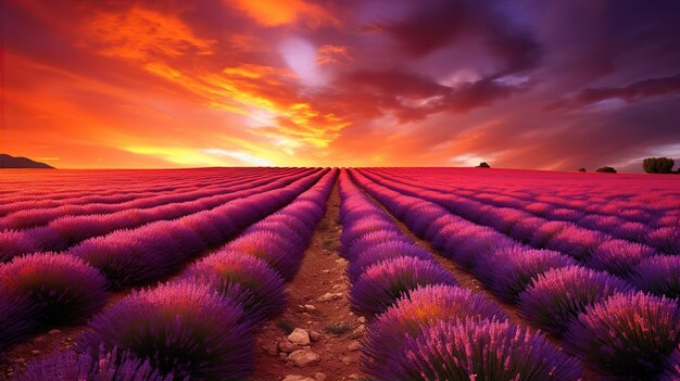 Magico tramonto su infiniti campi di lavanda