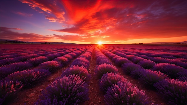 Magico tramonto su infiniti campi di lavanda