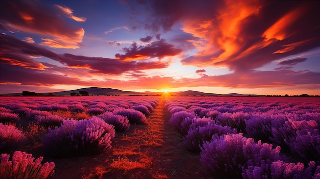 Magico tramonto su infiniti campi di lavanda