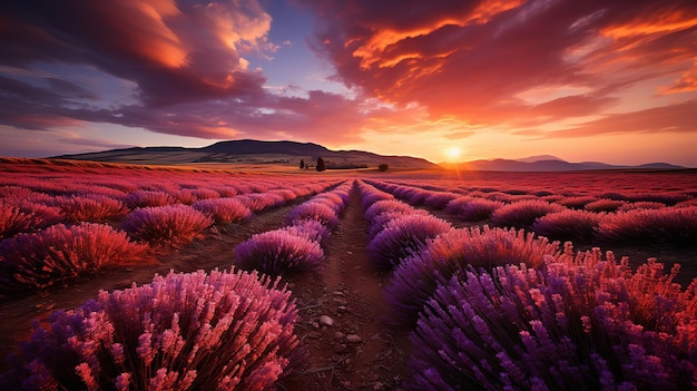 Magico tramonto su infiniti campi di lavanda