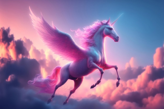 Magico unicorno rosa sul cielo di sfondo con nuvole rosa