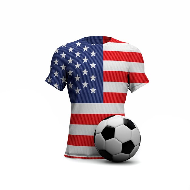 Maglia da calcio degli Stati Uniti d'America con bandiera nazionale e pallone da calcio Rendering 3D