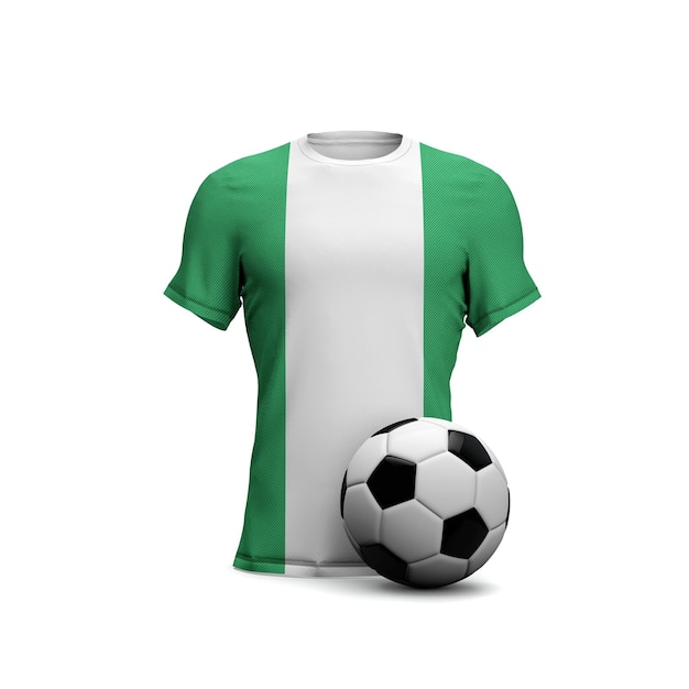 Maglia da calcio Nigeria con bandiera nazionale e pallone da calcio Rendering 3D