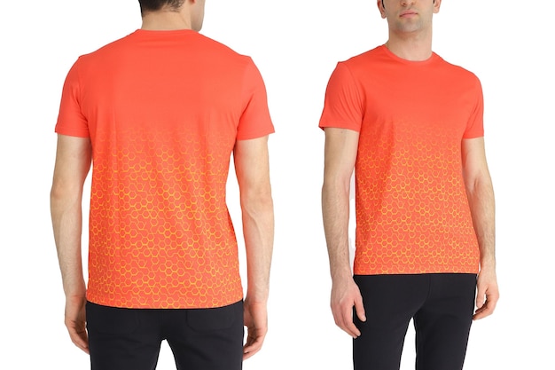 Maglietta arancione su due lati su uno spazio bianco di copia di sfondo isolato