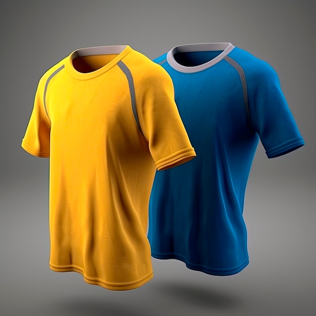 Maglietta blu e gialla su uno sfondo grigio rendering 3D Generative AI