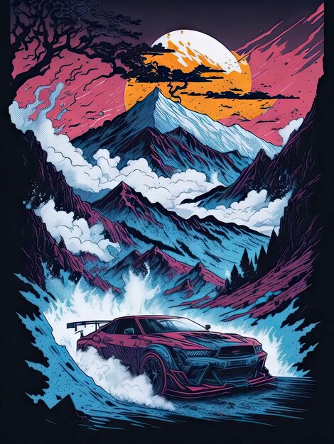 maglietta design illustrazione drift car montagne scena drammatica anime