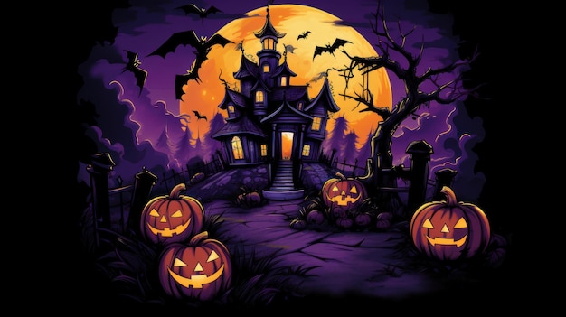 Maglietta grafica della casa stregata di Halloween con teste di zucca e sfondo viola