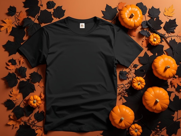 Maglietta nera per uomo e donna Mockup di Halloween con zucche e foglie su sfondo arancione Ai