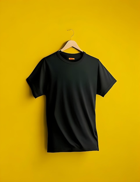 Maglietta nera vuota su sfondo giallo maglietta maglietta