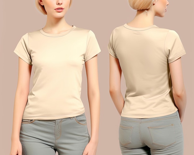 Magliette beige femminili realistiche con foto con vista frontale e posteriore dello spazio di copia