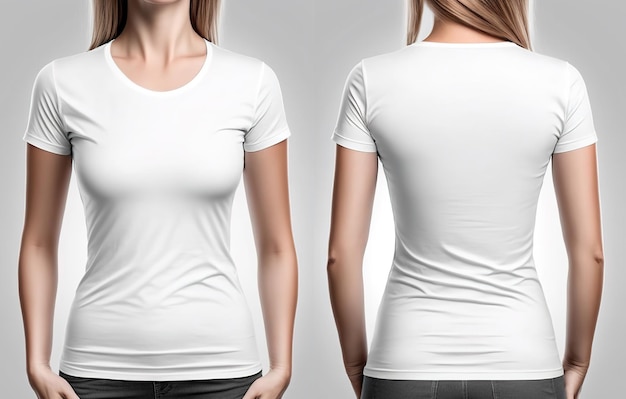 Magliette bianche da donna realistiche con foto con vista frontale e posteriore dello spazio di copia