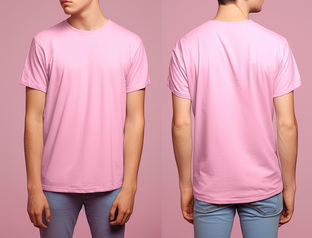 Magliette rosa maschili realistiche con foto con vista frontale e posteriore dello spazio di copia