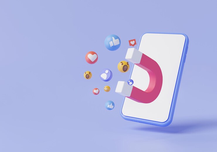 Foto magnete che attira emoticon sul cellulare marketing sociale digitale attrazione del cliente con il magnete che attira i follower attira le persone strategia aziendale dell'abbonato influencer illustrazione di rendering 3d