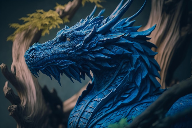 Magnifica creatura mitica in blu vibrante su sfondo in legno naturale IA generativa