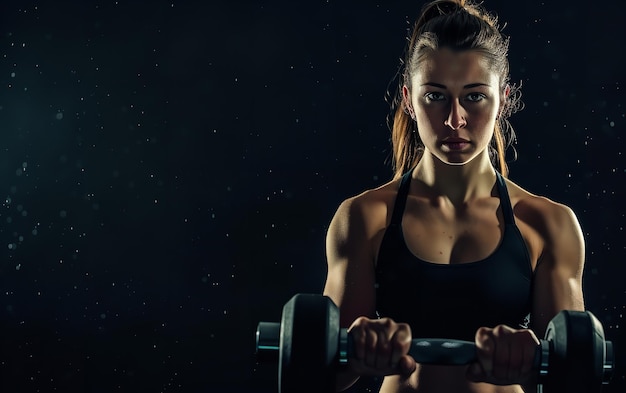 Magnifica donna che si allena in un abito sportivo casuale in uno studio buio con l'AI generativa spaziale