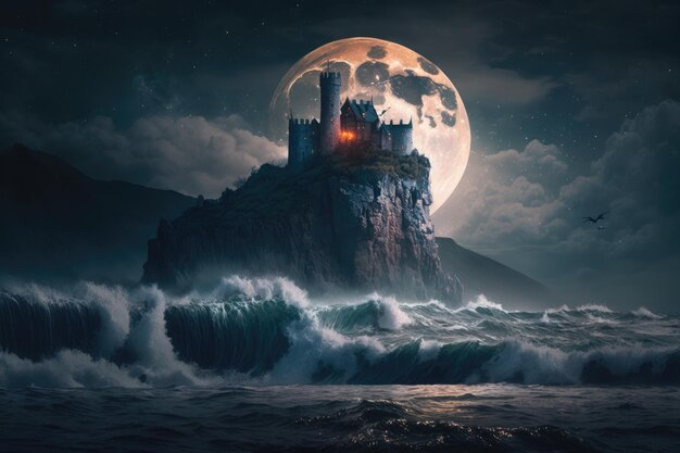 Magnifica fortezza circondata da mari che si infrangono e luna piena