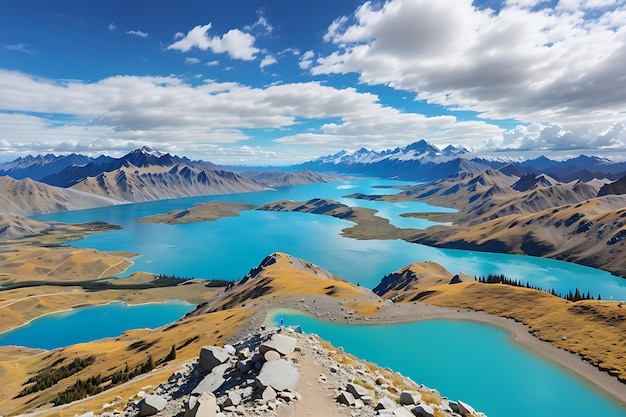 Magnifica vista panoramica con cielo blu incredibilmente alta montagna e profondo lago turchese
