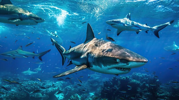 Magnifici squali che dominano il profondo mare blu Generative Ai
