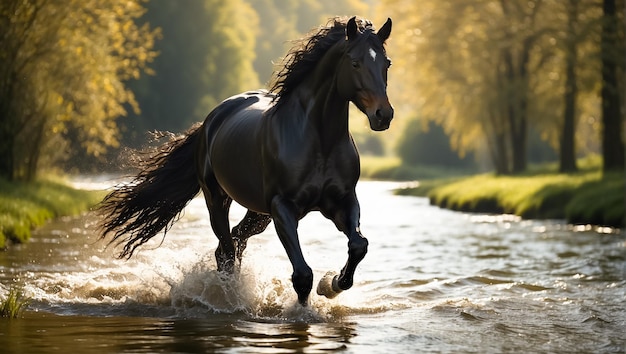 magnifico cavallo scuro corre nel fiume in natura