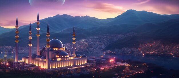 Magnifico sfondo vista notturna moschea con spazio di copia