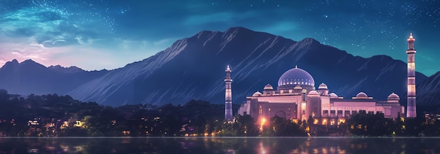 Magnifico sfondo vista notturna moschea con spazio di copia