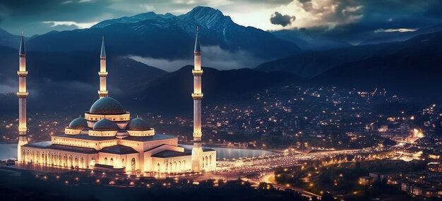 Magnifico sfondo vista notturna moschea con spazio di copia