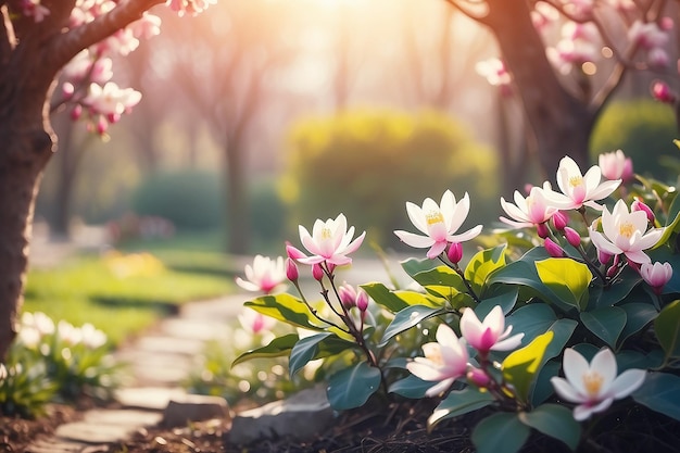 Magnolia primavera fiorente giardino sfocato sfondo natura con sole splendere e bokeh tonato