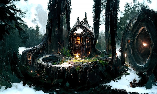 Mago della casa di fantasia da favola nella foresta Un portale per altri mondi Porte e finestre luminose di una casa da favola inquietante in una foresta oscura illustrazione fantastica