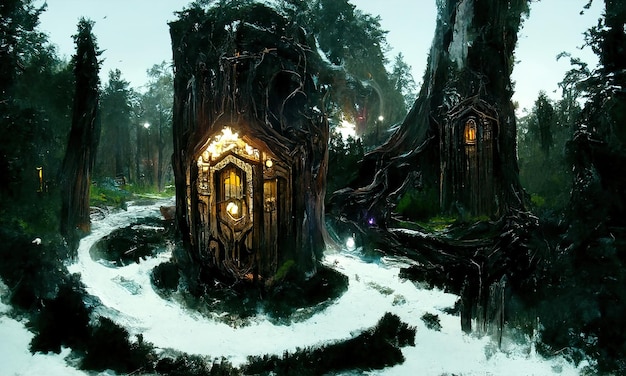 Mago della casa di fantasia da favola nella foresta Un portale per altri mondi Porte e finestre luminose di una casa da favola inquietante in una foresta oscura illustrazione fantastica