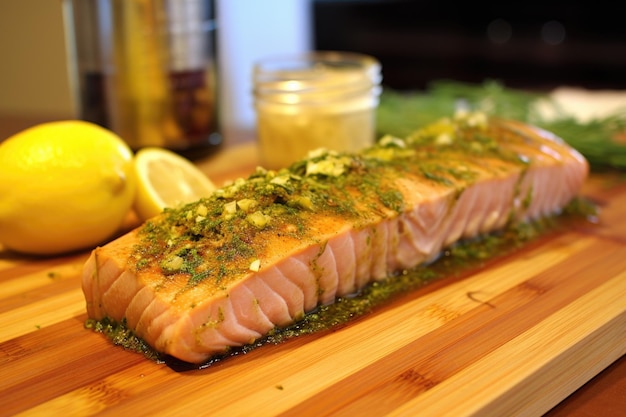 Mahi mahi marinato e pronto per la grigliata di tavole di cedro creato con l'IA generativa