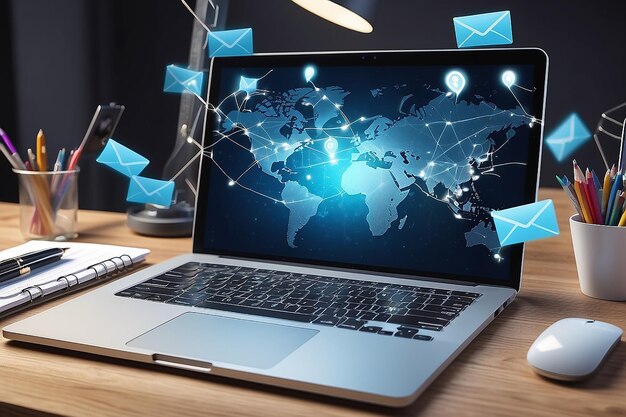 Mail Comunicazione Messaggio di connessione ai contatti di posta telefono Lettere globali Concetto spazio di lavoro