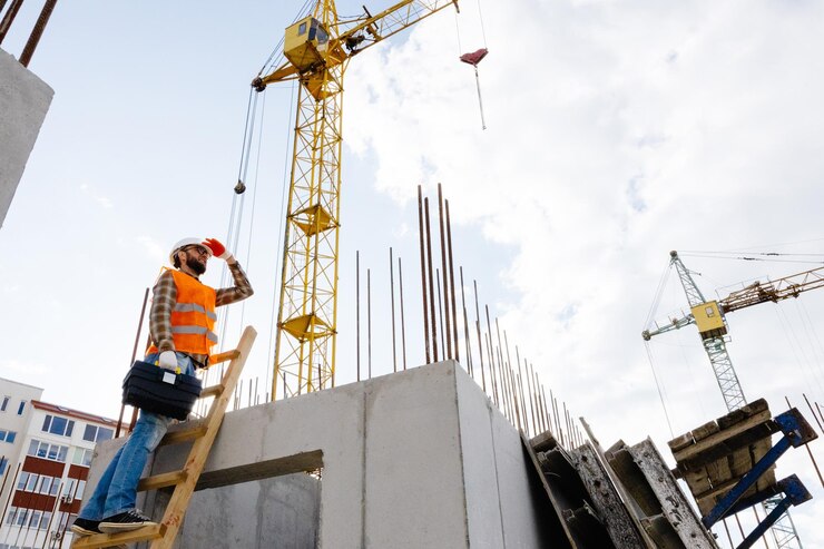 Maintenance worker man with safety helmet and orange vest climbing wood step ladder and holding toolbox at construction site