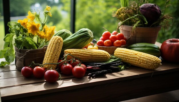 Mais biologico su legno con verdure rigogliose adatte per la cucina di benessere e la vita sostenibile