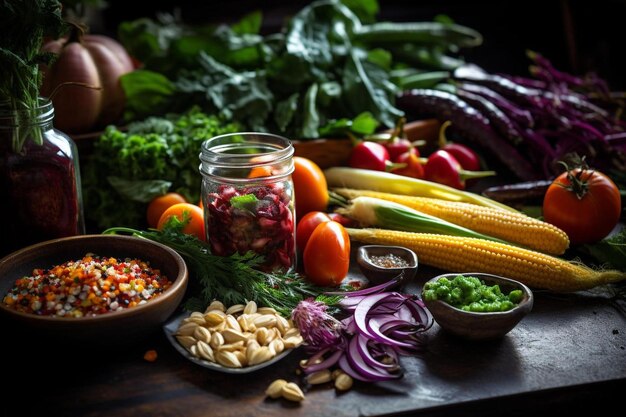 Mais su un tavolo con un barattolo di mais e alcune altre verdure