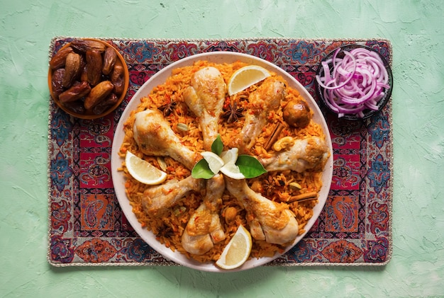 Majboos di pollo del Qatar - piatto nazionale del Bahrain e del Qatar. Cucina araba.