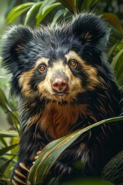 Majestic Bearcat Up Close Ritratto vivido di Binturong esotico tra lussureggiante fogliame nell'habitat naturale