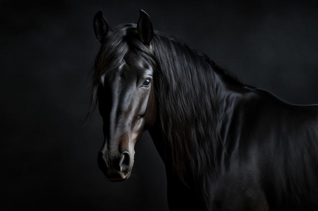 Majestic Black Horse su sfondo scuro AI generativa