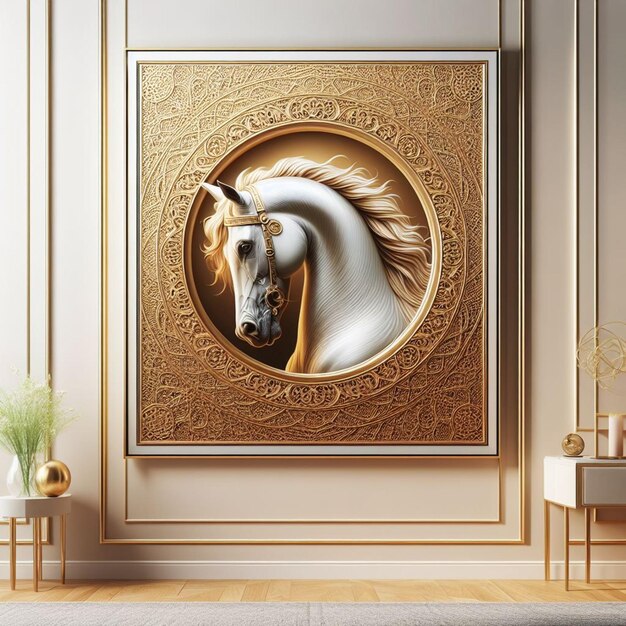 Majestic Elegance Rendering 3D accattivante di un cavallo arabo in cornice dorata