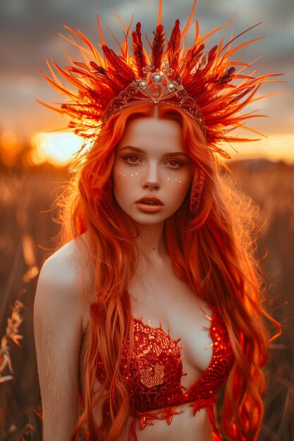 Majestic Fantasy Regina dai capelli rossi con corona decorativa in Sunset Fields Ritratto concettuale di