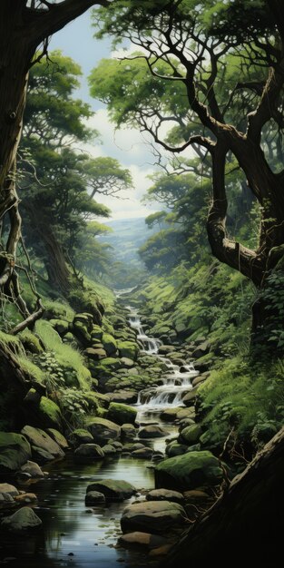 Majestic Forest Stream Un dipinto fotorealistico ispirato da Masamune Shirow