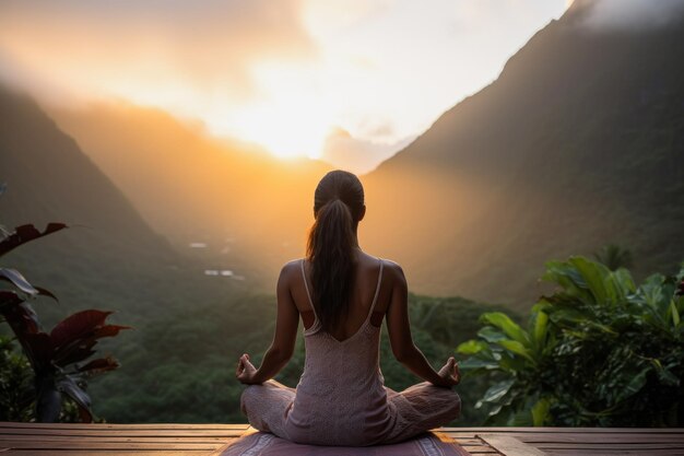 Majestic Morning Practice Yoga con lo sfondo delle montagne tropicali