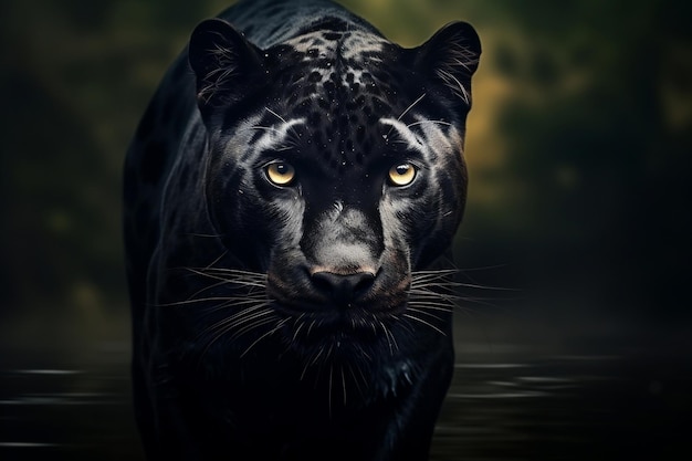 Majestic Panther Vista anteriore su sfondo nero Illustrazione di animali selvatici AI generativa