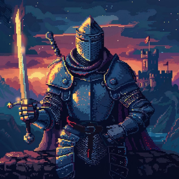 Majestic Pixel Art Knight con la spada luminosa che si affaccia sul castello al crepuscolo