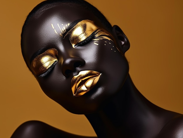 Make-up dorato e vernice corporea artistica Donna alla moda con corpo metallico Arte della pelle nera Pelle dorata luccicante Arte della moda digitale ai